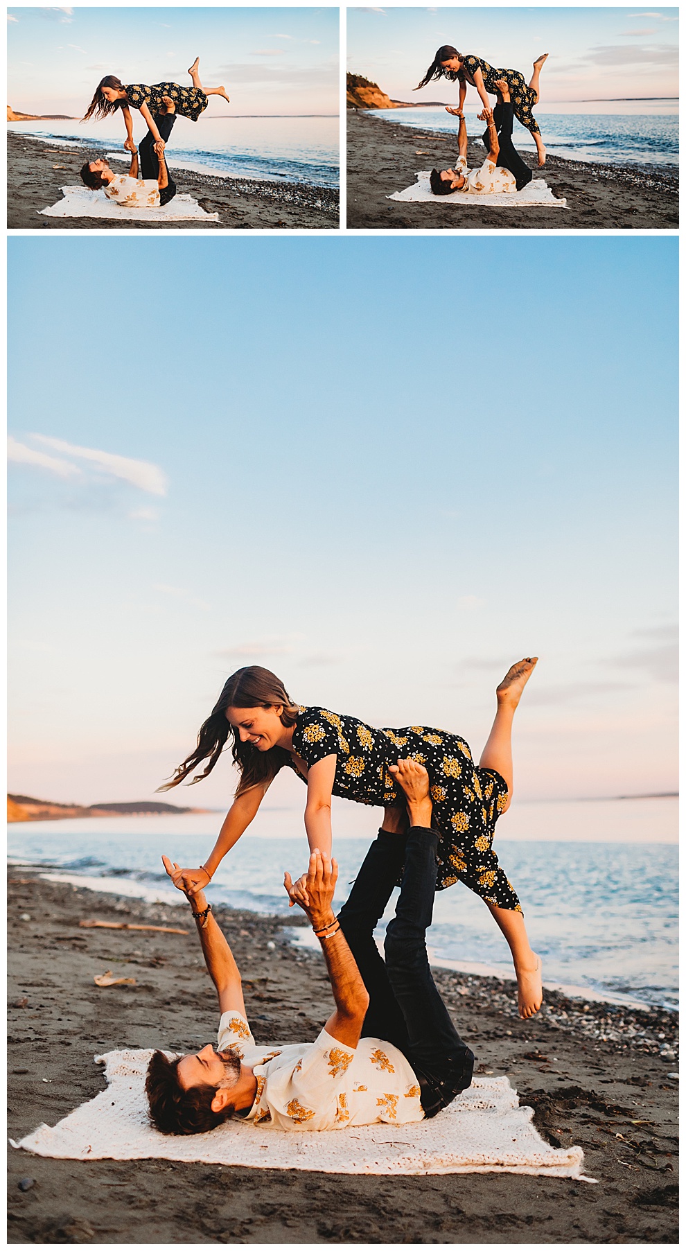 couple doing playful yoga pose on beach