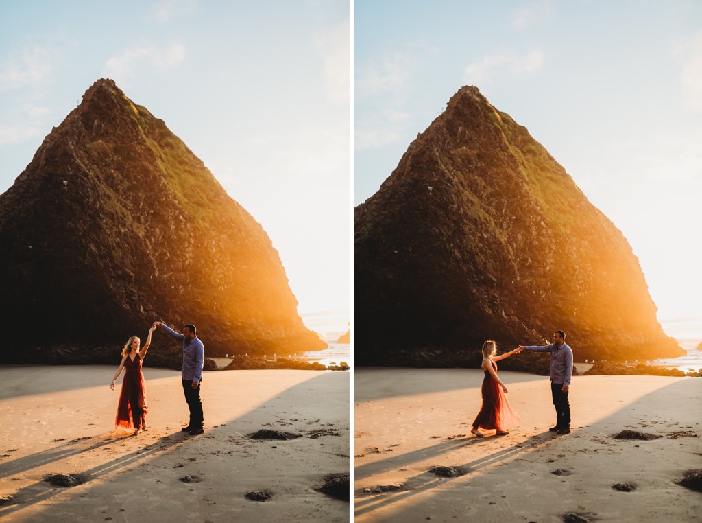 sunset engagement photos on Arch Cape beach Oregon