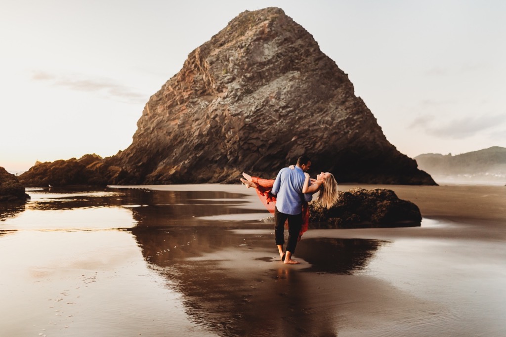 sunset engagement photos on Arch Cape beach Oregon