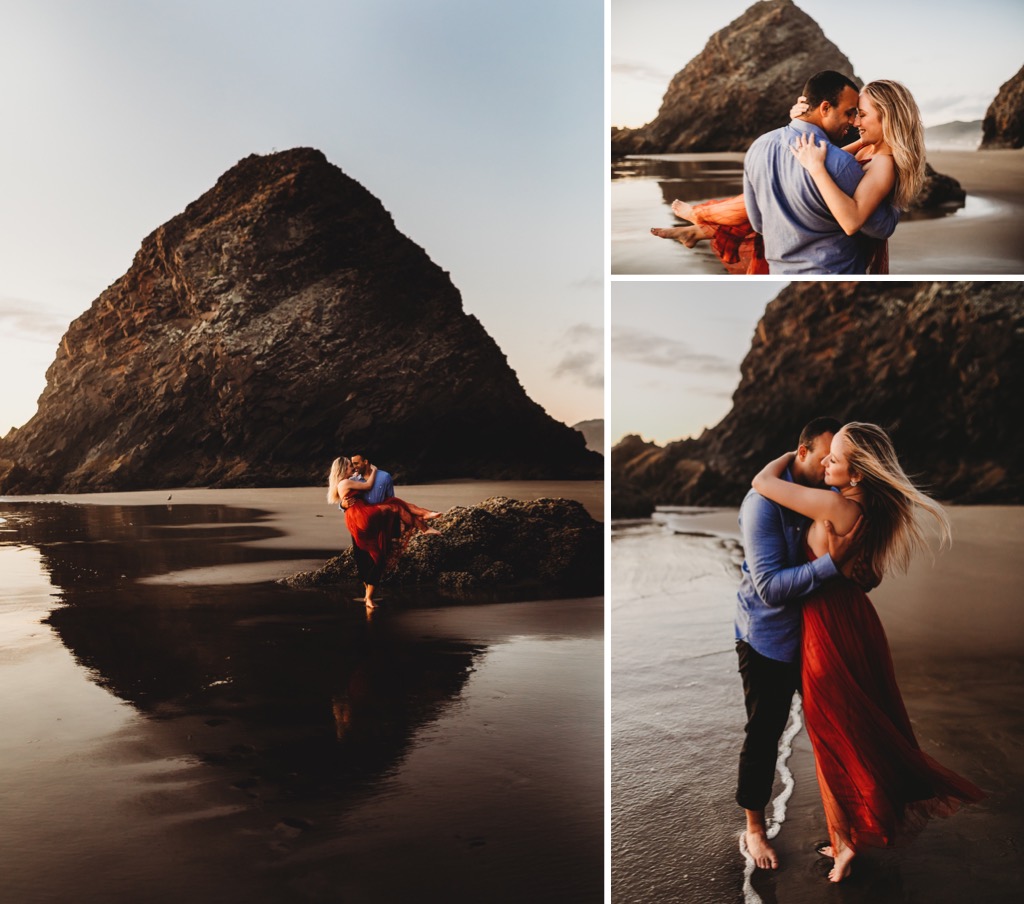 sunset engagement photos on Arch Cape beach Oregon