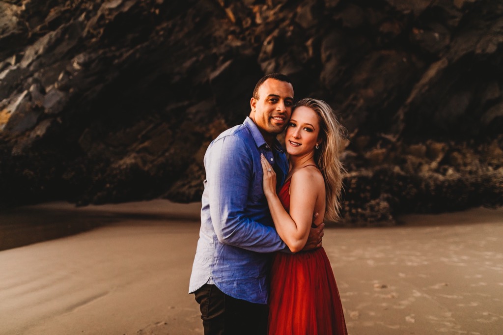 sunset engagement photos on Arch Cape beach Oregon