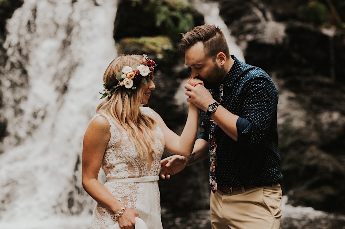 Rainy waterfall elopement on San Juan's Orcas Islands