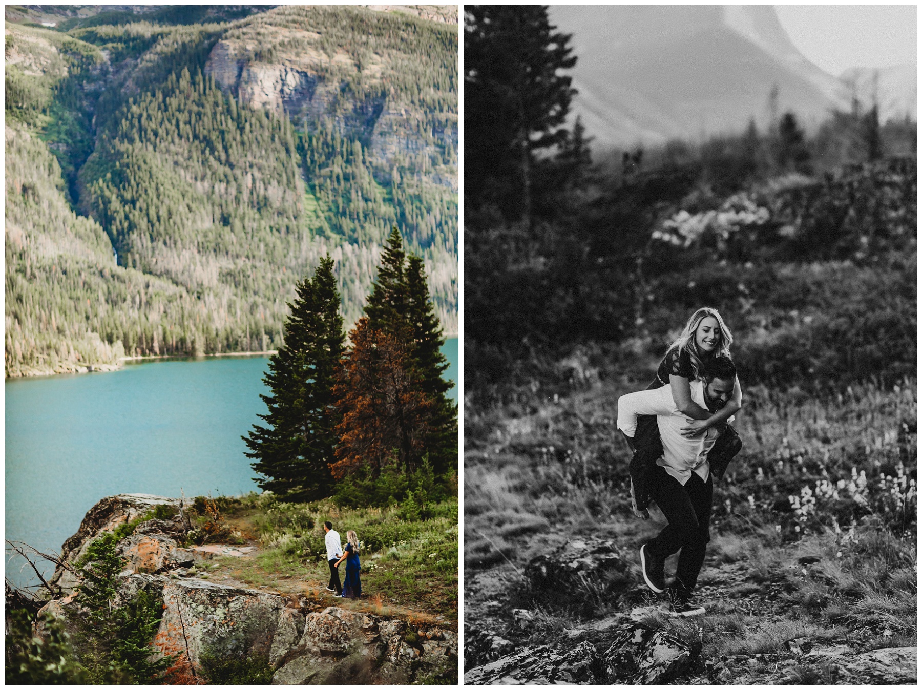 couple giving piggyback rides in the mountains 