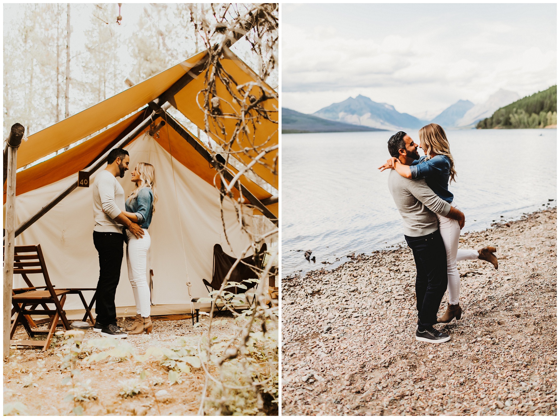 couple portraits by tent and lake 