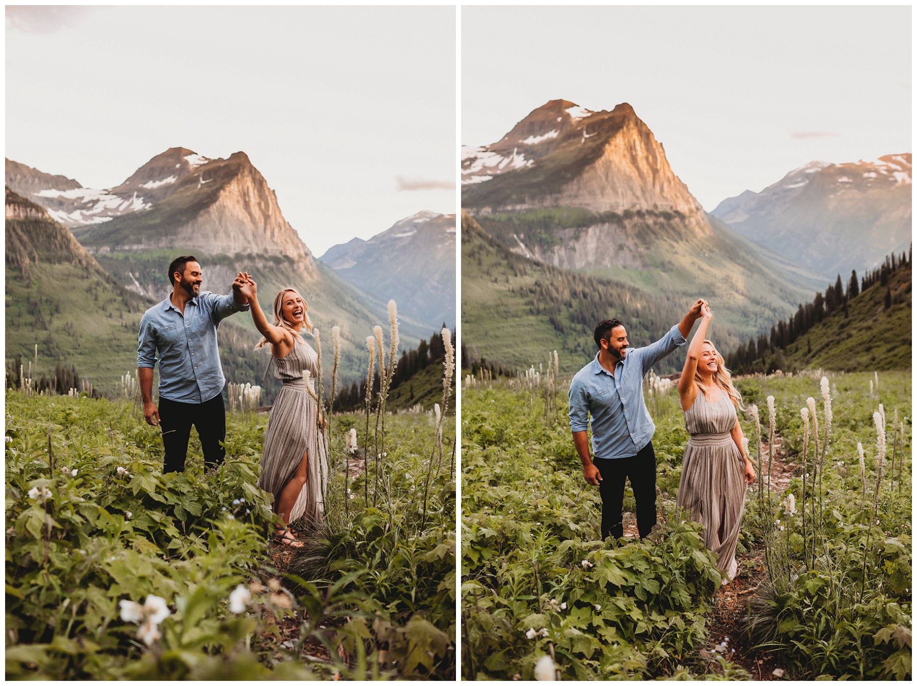 couple dancing in the mountains in the bear grass 