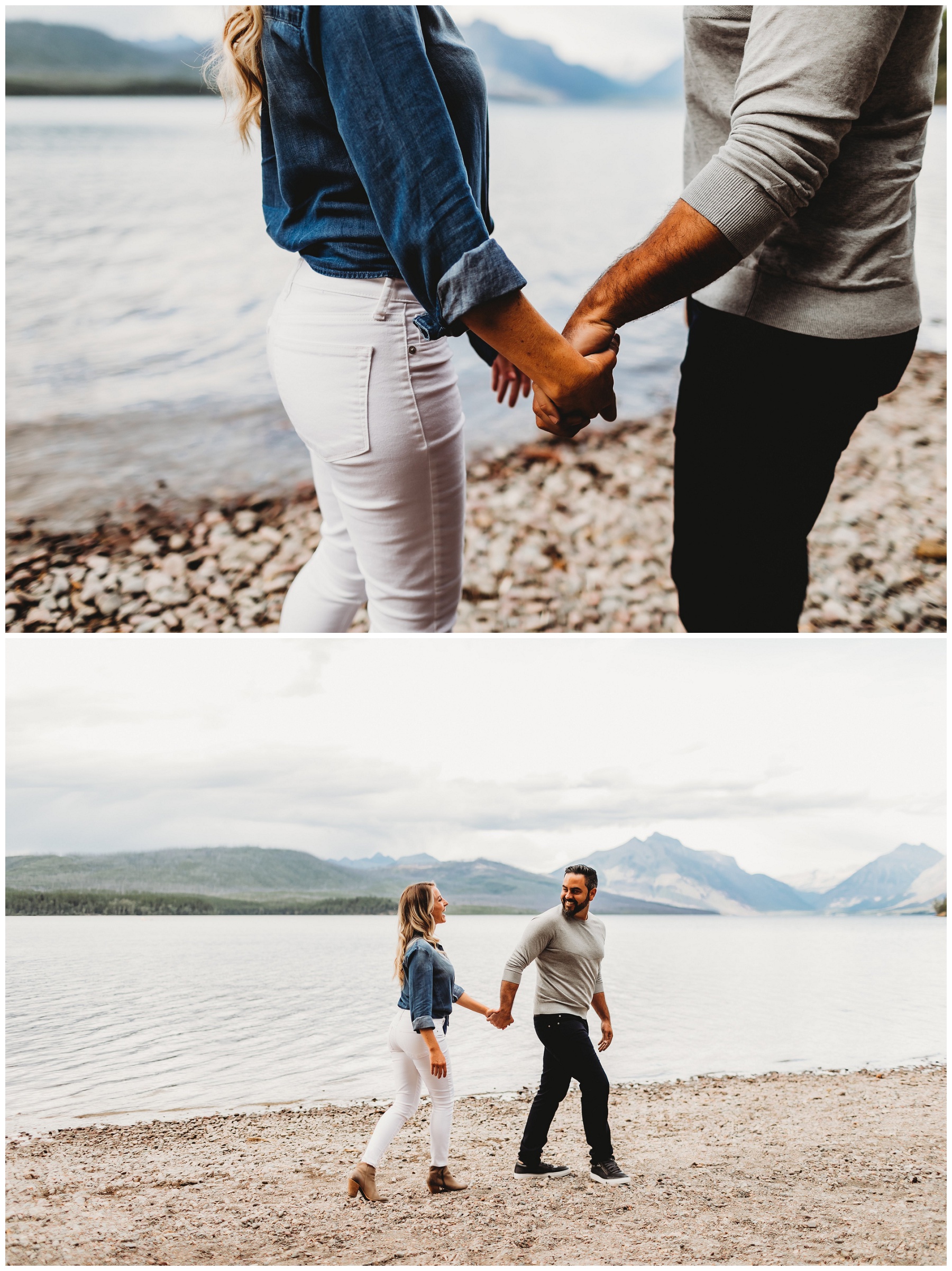 couple holding hands by lake 