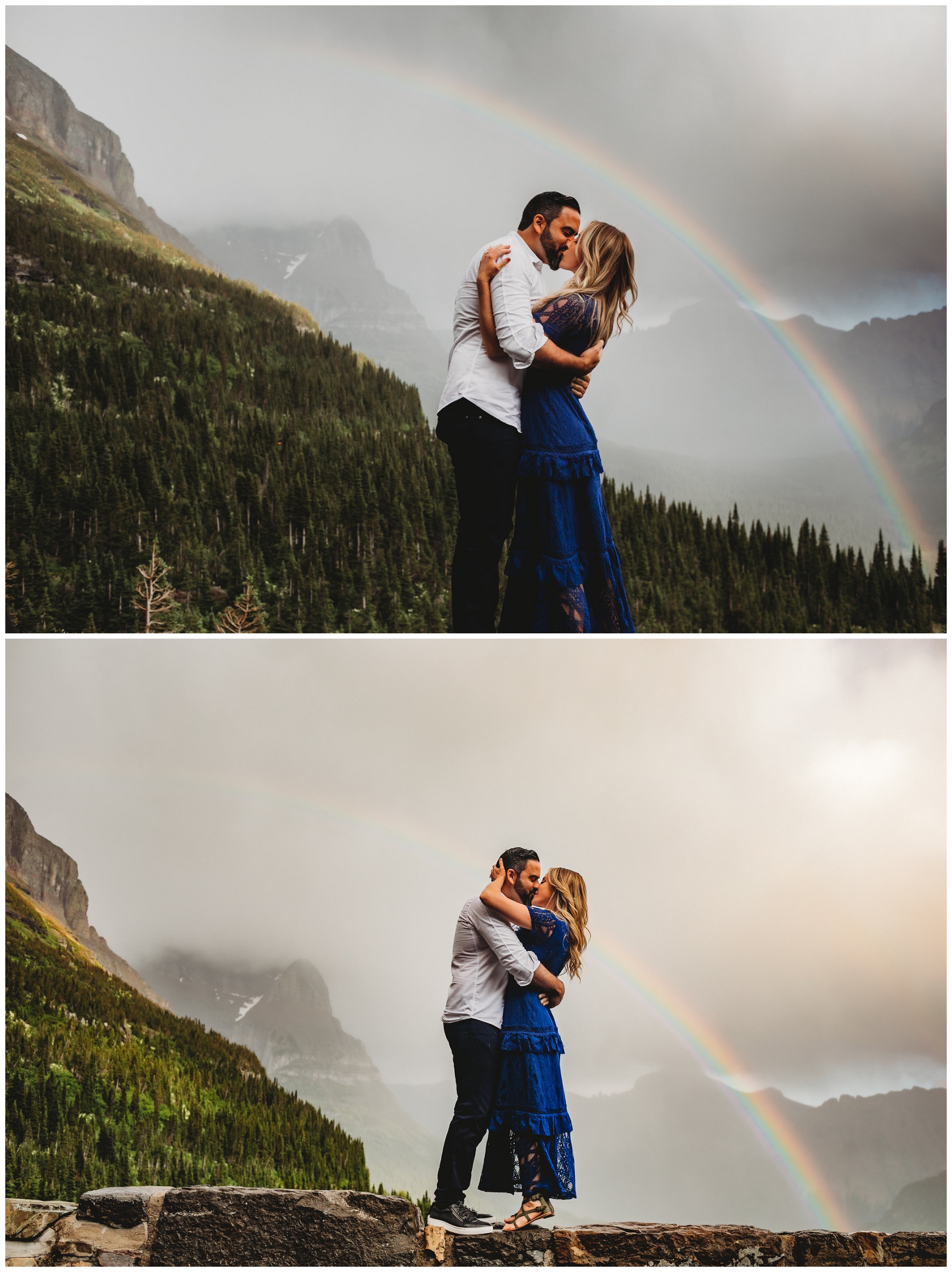 couple sharing a kiss by a rainbow 