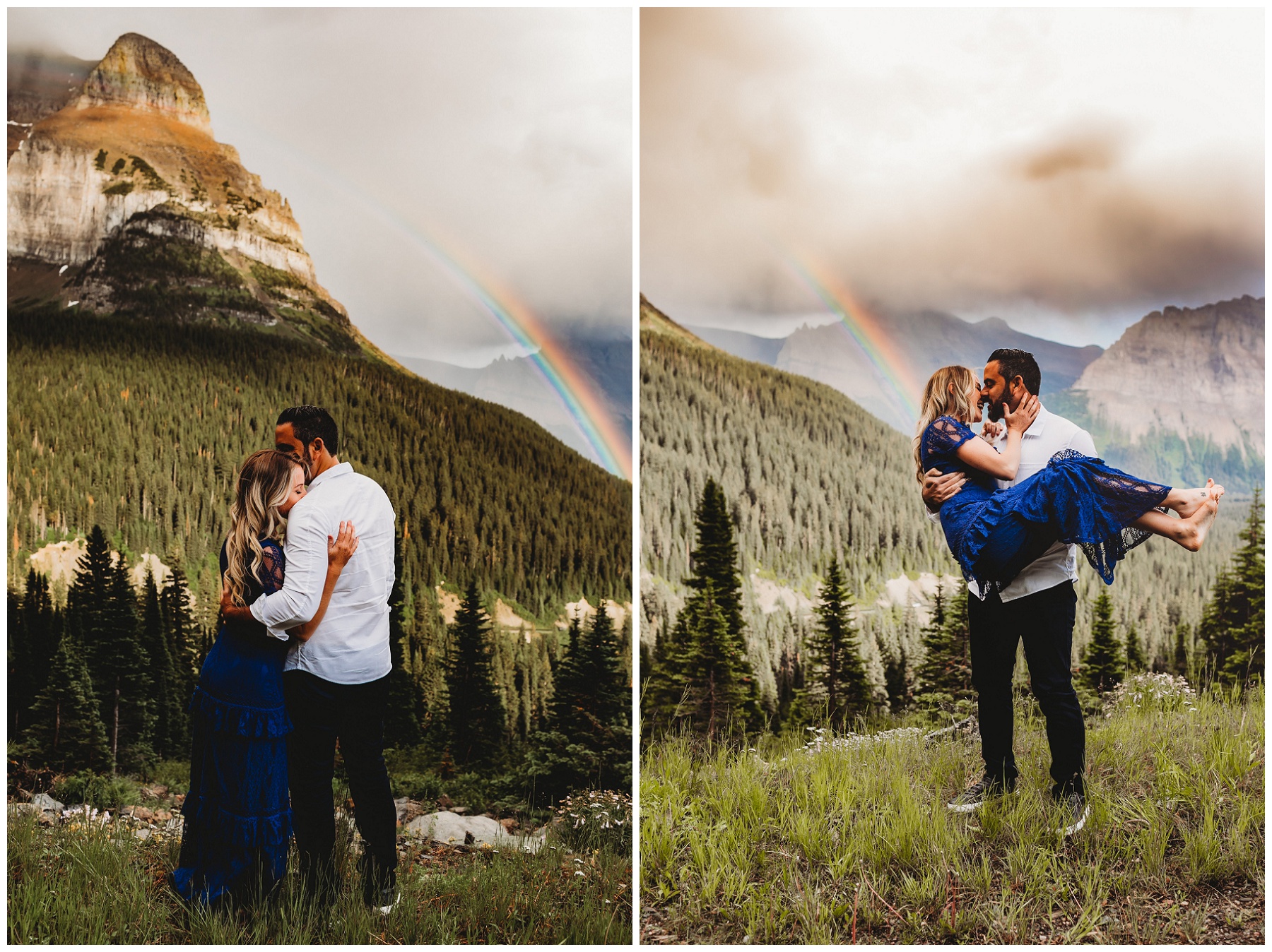 couple portraits by a rainbow in the mountains 