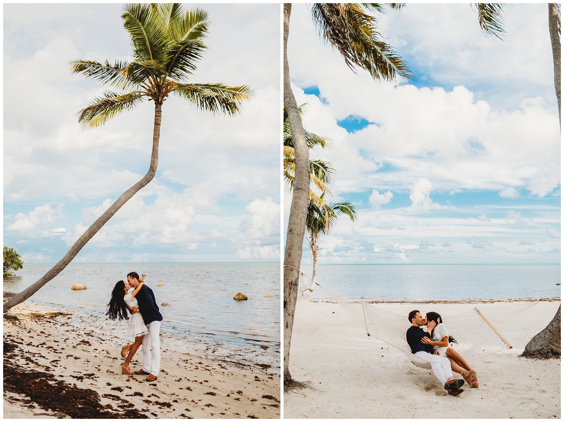 couple portraits by a palm tree and hammock 