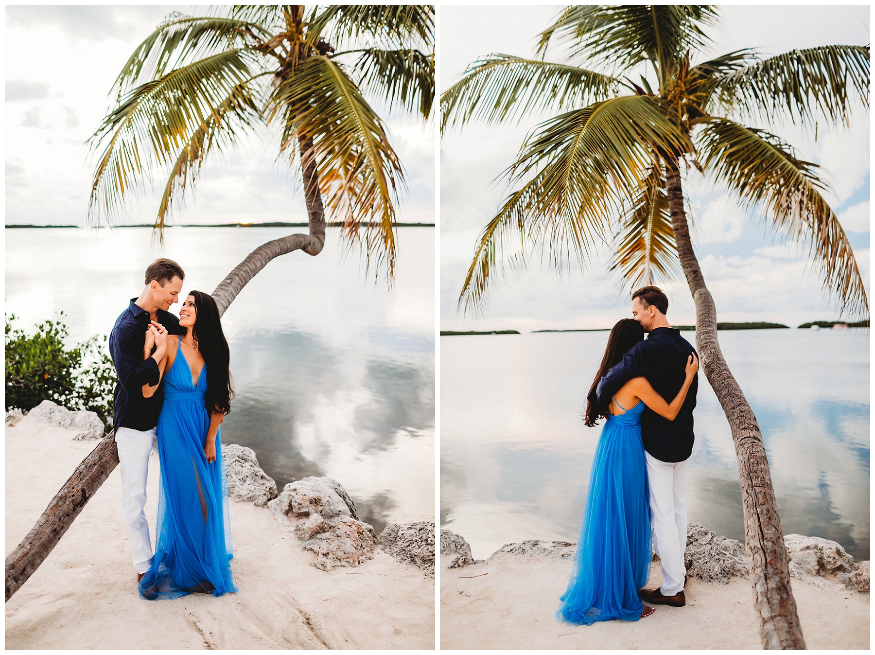 couple portraits for engagement by a palm tree