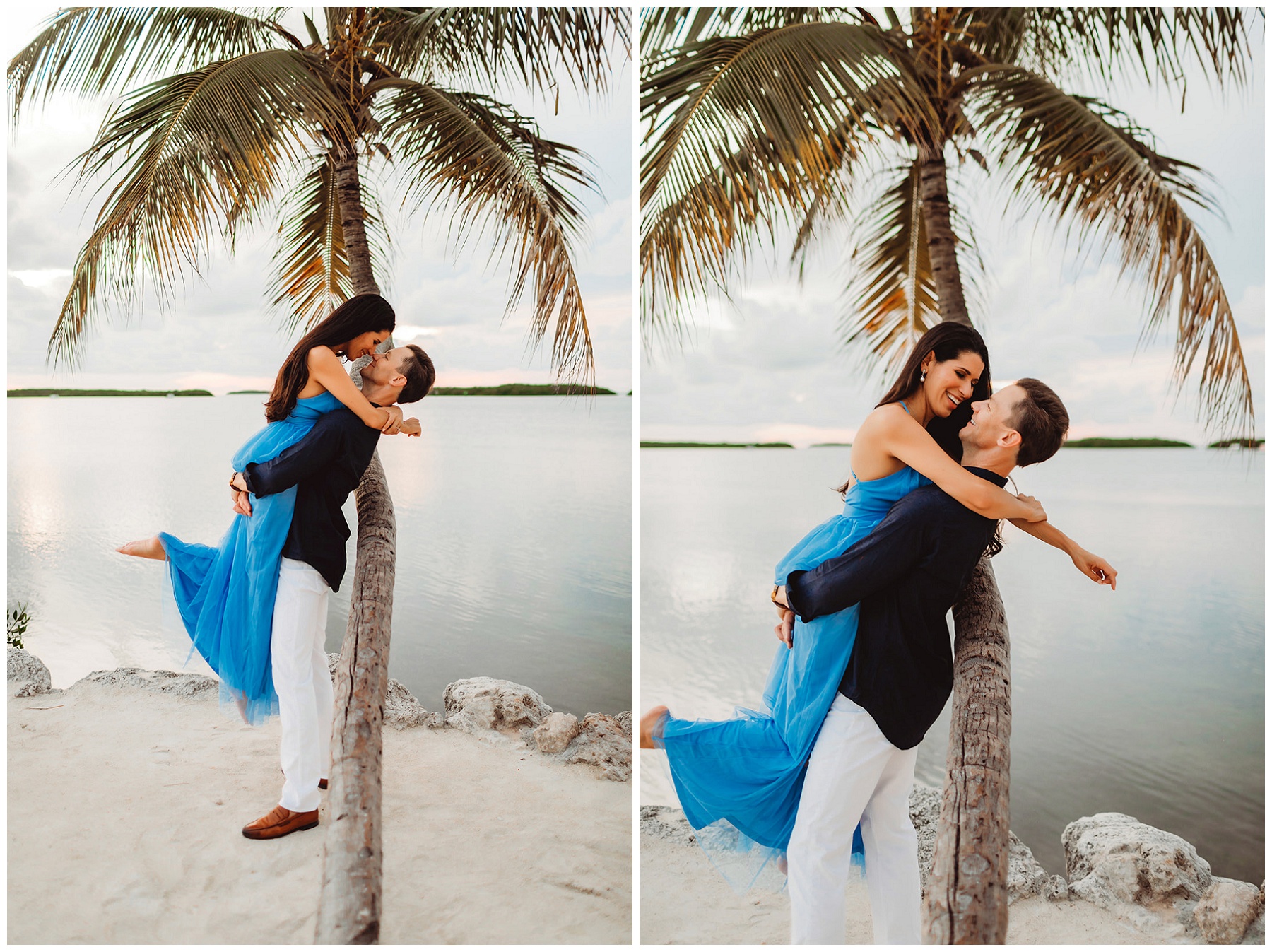couple portraits for engagement by a palm tree