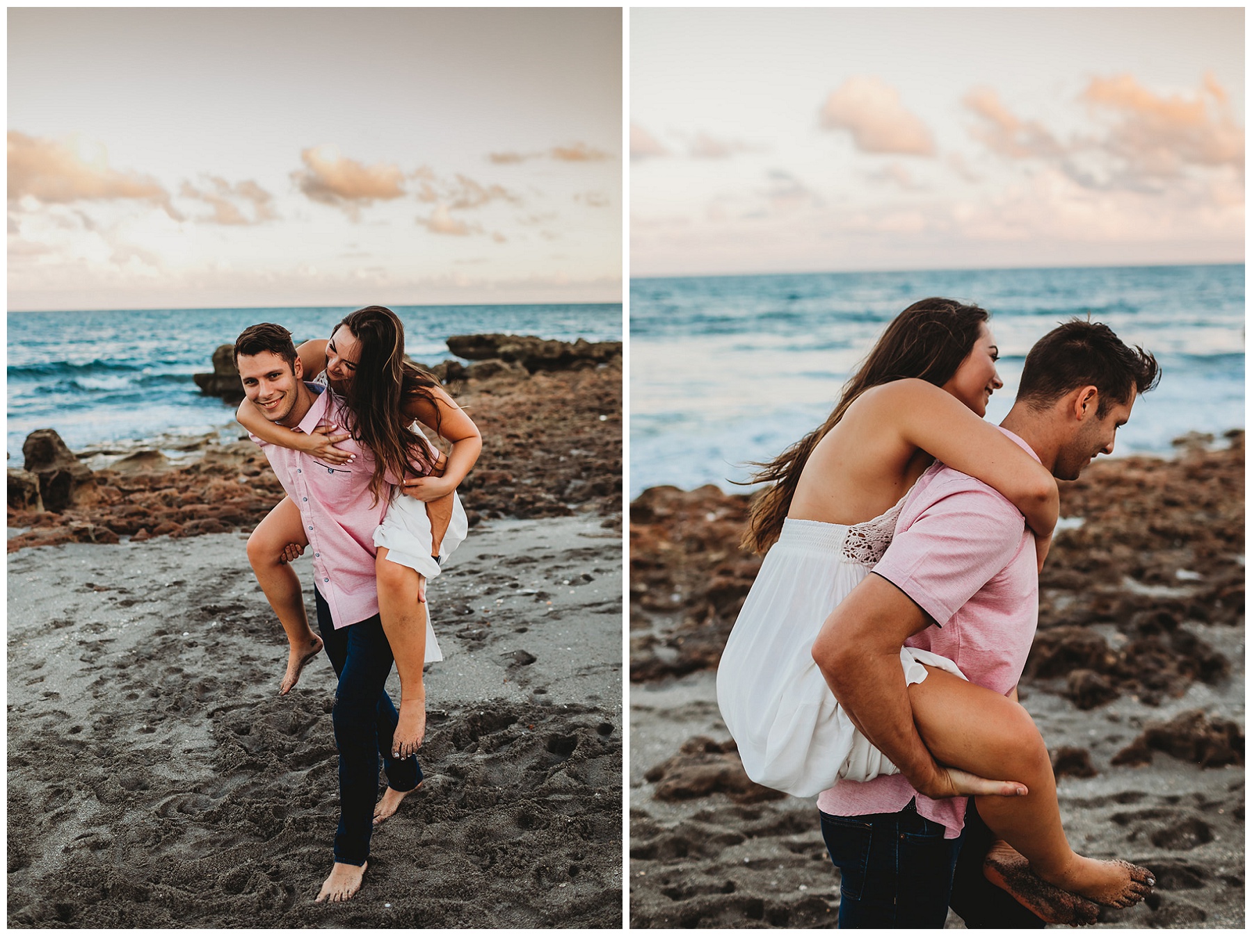 couple giving piggyback rides on the beach 