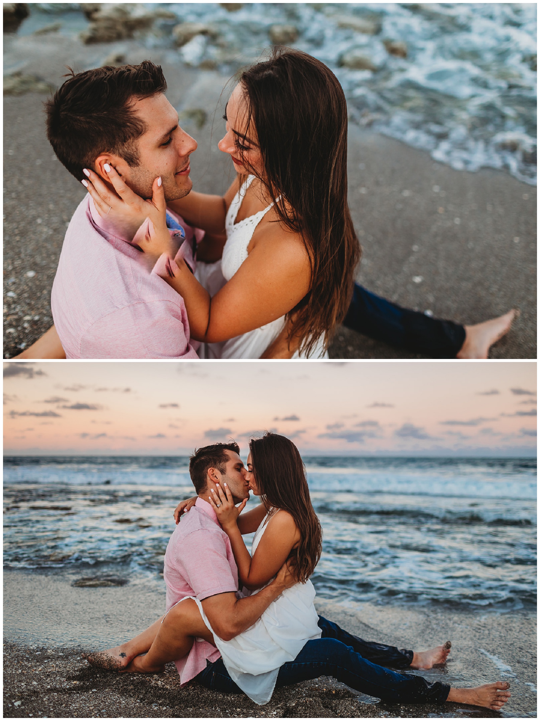 couple sharing a kiss by the ocean shore 