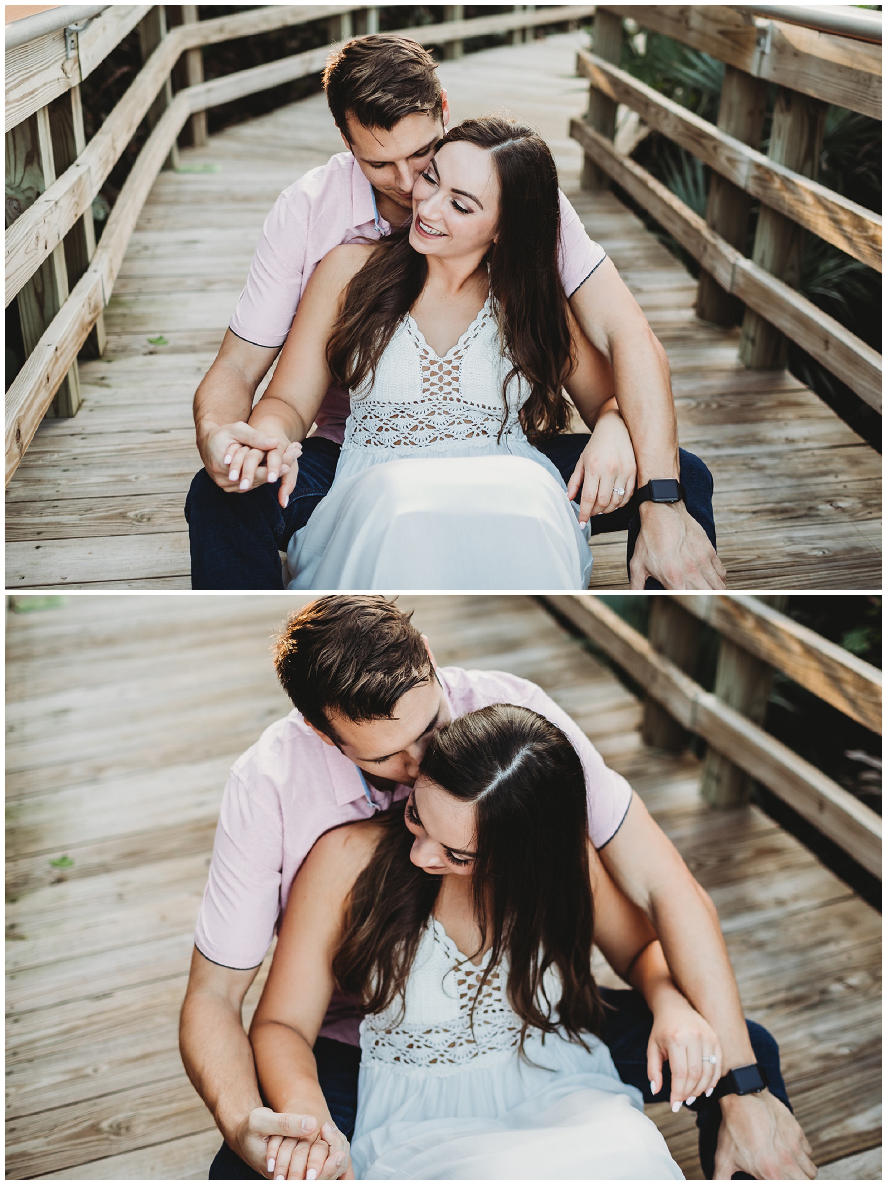 couple portraits for engagement on boardwalk 