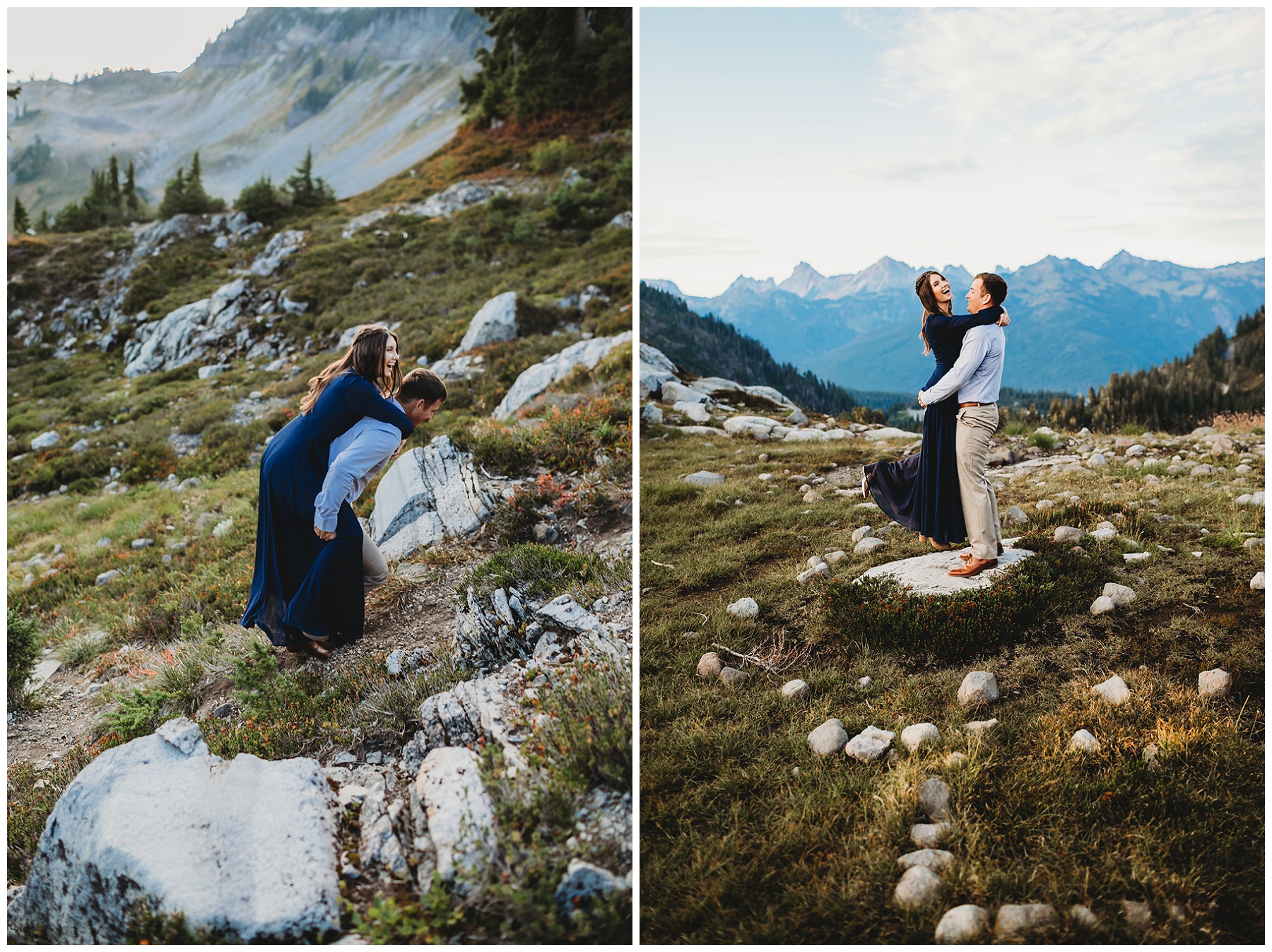 couple giving piggyback rides in the mountains