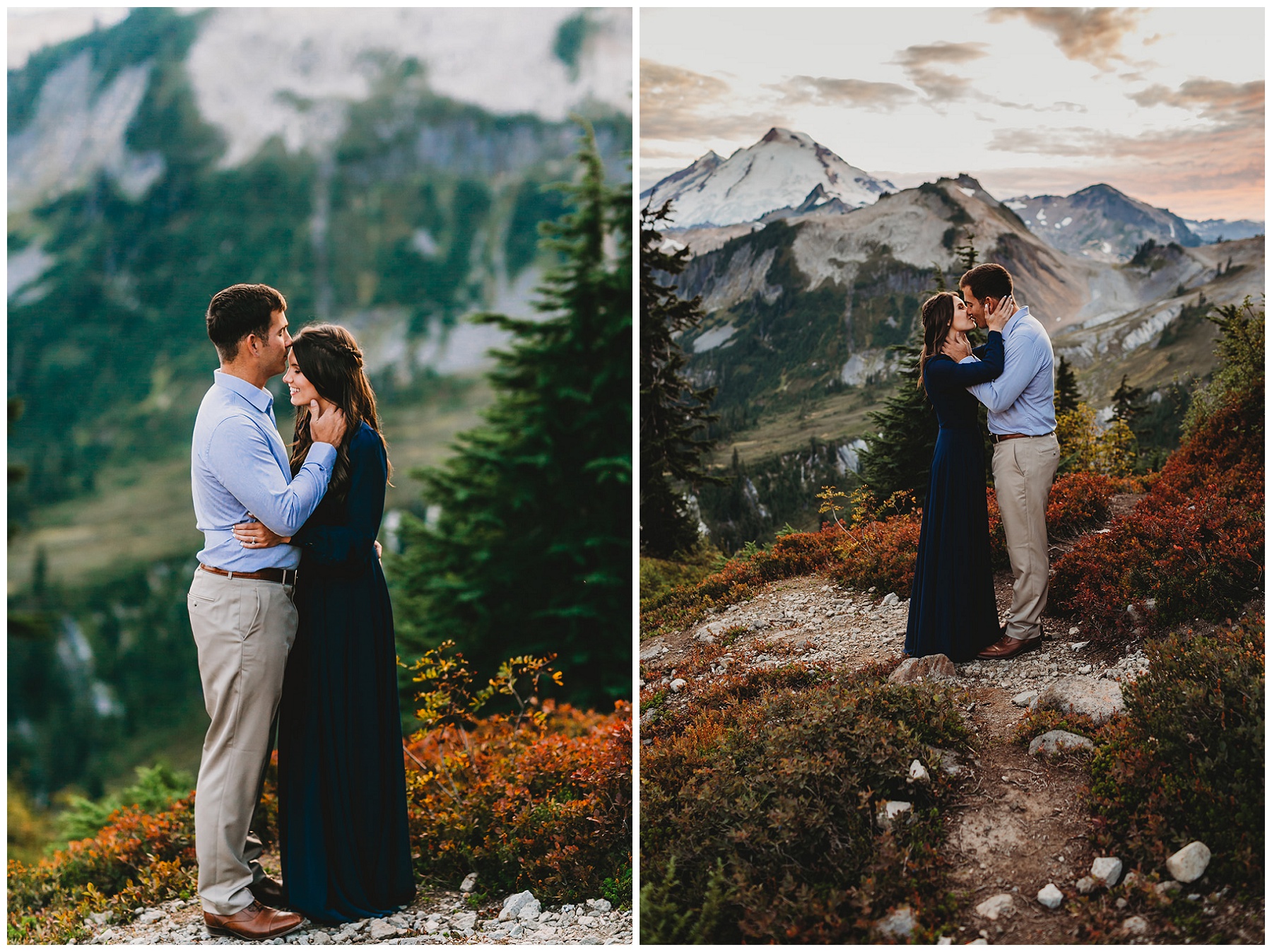 couple sharing a kiss in the mountains