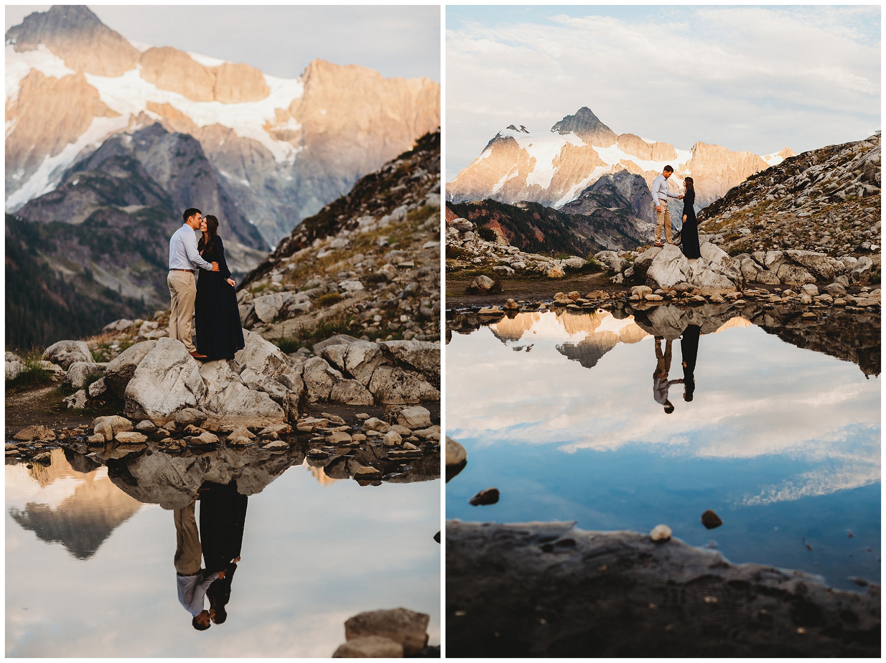 couple portraits for engagement pictures by water in the mountains