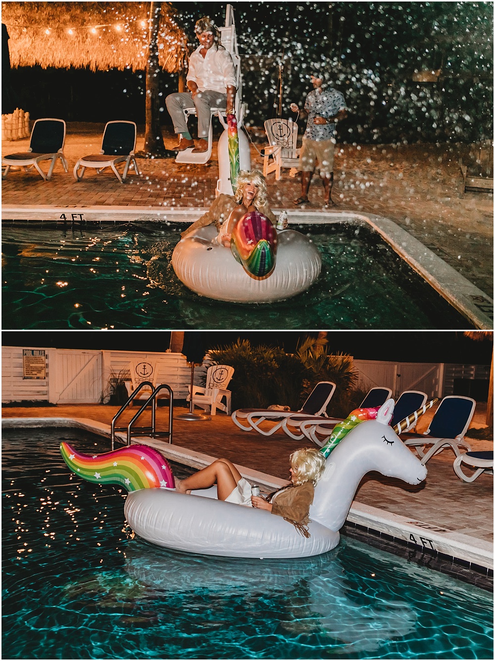 bride on a floaty in the pool