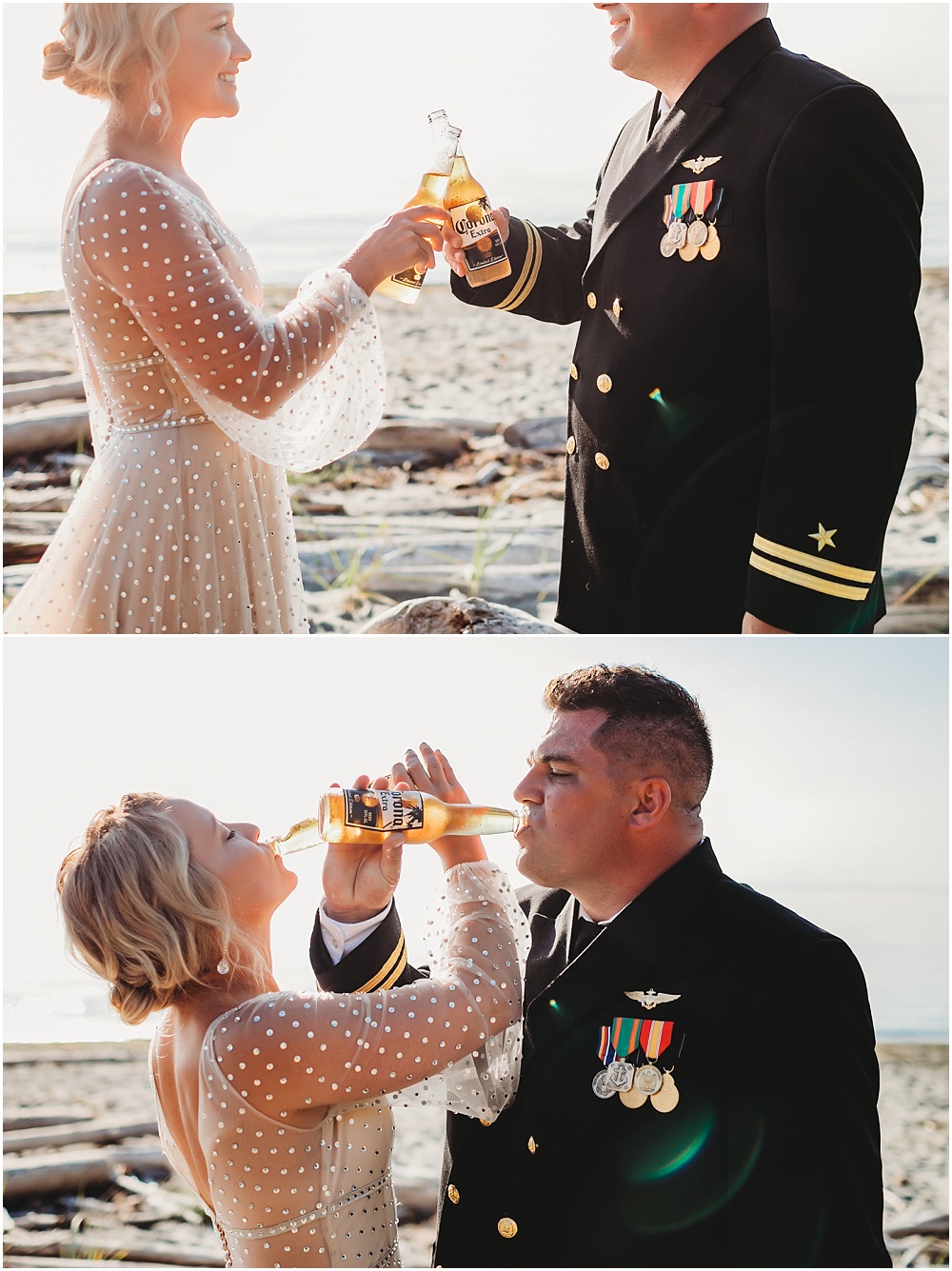 Bride and groom cheers drink