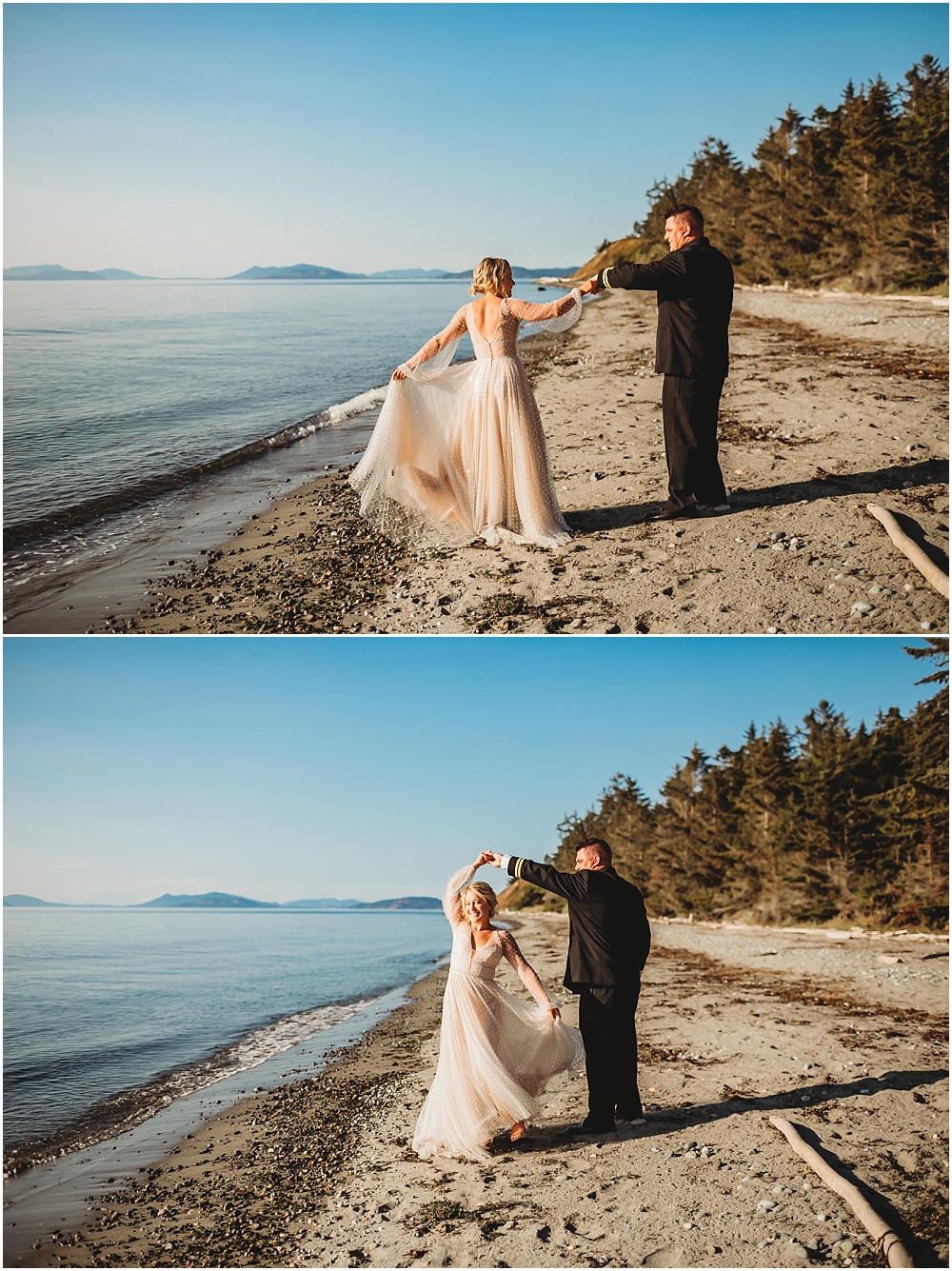 Bride and groom dance on the beach