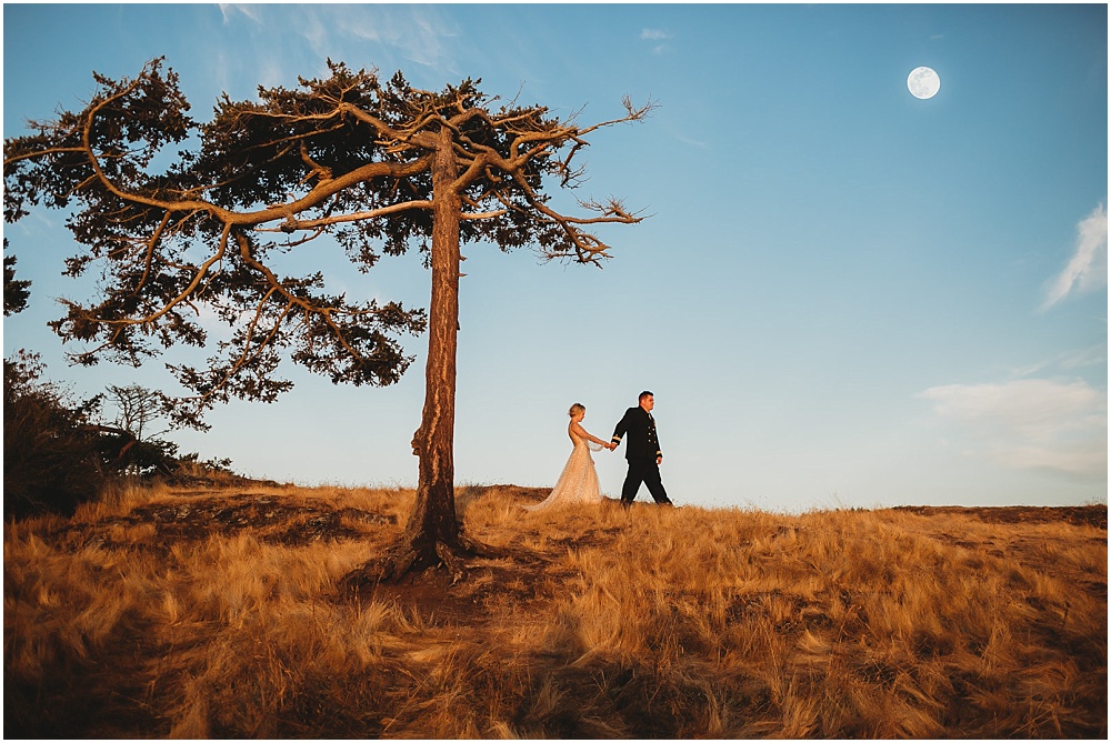 Bride and groom walking under the moon