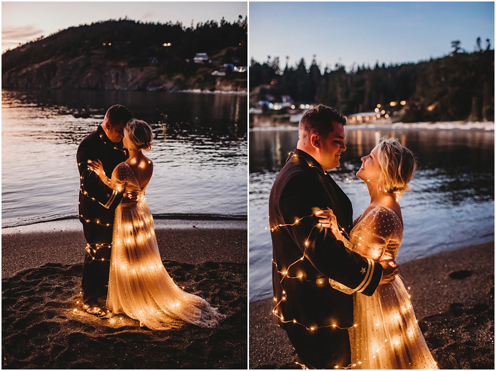 Bride and groom illuminated by lights